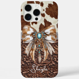 Funda iPhone 16 Pro Max Cuero Marrón de Vaqueta Joyas con Lazo Monogramado