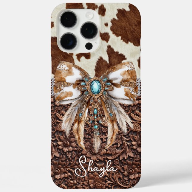 Funda iPhone 16 Pro Max Cuero Marrón de Vaqueta Joyas con Lazo Monogramado (Reverso )
