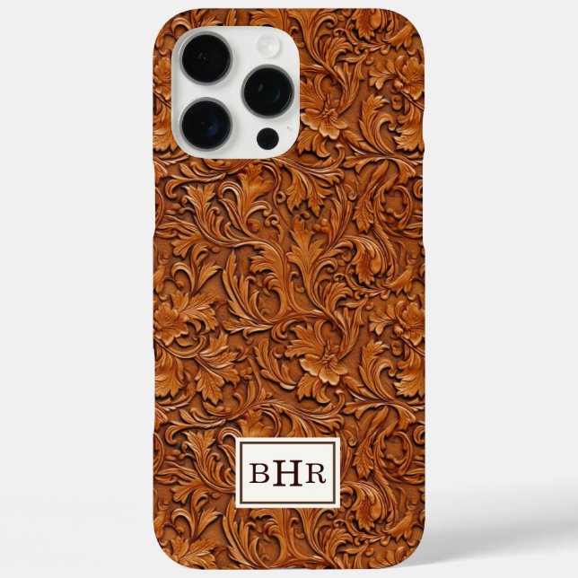 Funda iPhone 16 Pro Max Cuero Marrón Grabado Monogramado (Reverso )