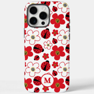 Funda iPhone 16 Pro Max Dama Roja Blanca Patrón Floral Monograma