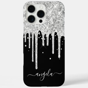 Funda iPhone 16 Pro Max Destellos de purpurina plateada Brillo negro Firma