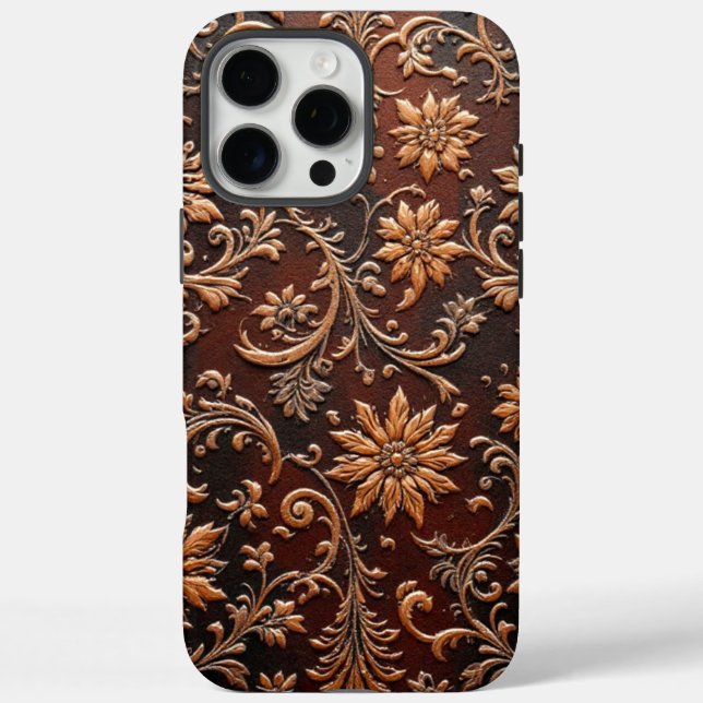 Funda iPhone 16 Pro Max Diseño de cuero grabado en relieve floral prensado (Reverso)