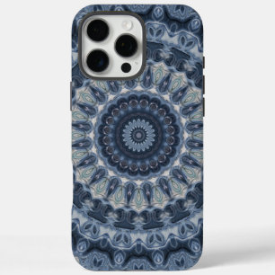 Funda iPhone 16 Pro Max Diseño de patrón de mandala azul y plateado