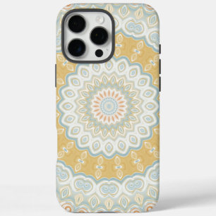 Funda iPhone 16 Pro Max Diseño de Patrón de Mandala Dorado Beige y Azul