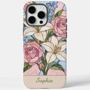 Funda iPhone 16 Pro Max Diseño de vidrio emplomado floral con nombre perso