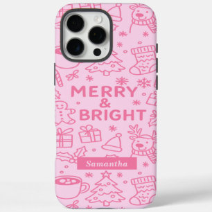 Funda iPhone 16 Pro Max Doodle de Navidades rosados   Festividad moderna