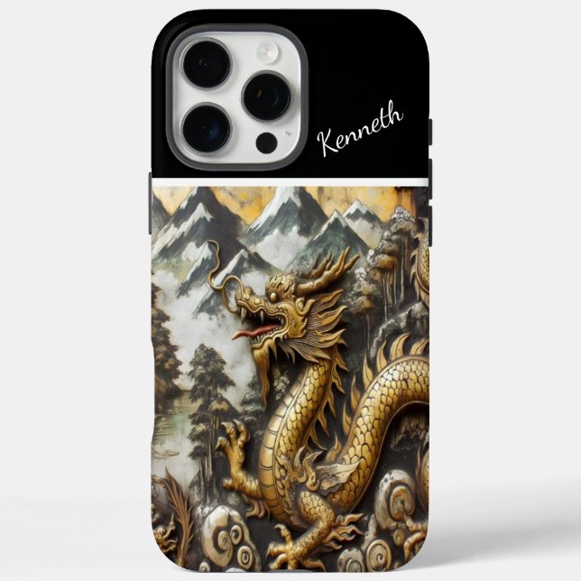 Funda iPhone 16 Pro Max Dragón dorado ascendente (Reverso)