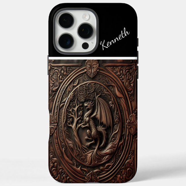 Funda iPhone 16 Pro Max Dragón esculpido en cuero (Reverso)