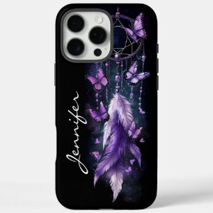 Funda iPhone 16 Pro Max Dreamcatcher de mariposas moradas y plumas