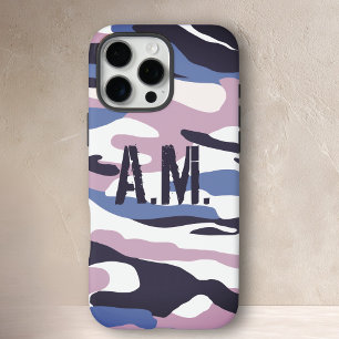 Funda iPhone 16 Pro Max Ejército de camuflaje Monograma rosa azul