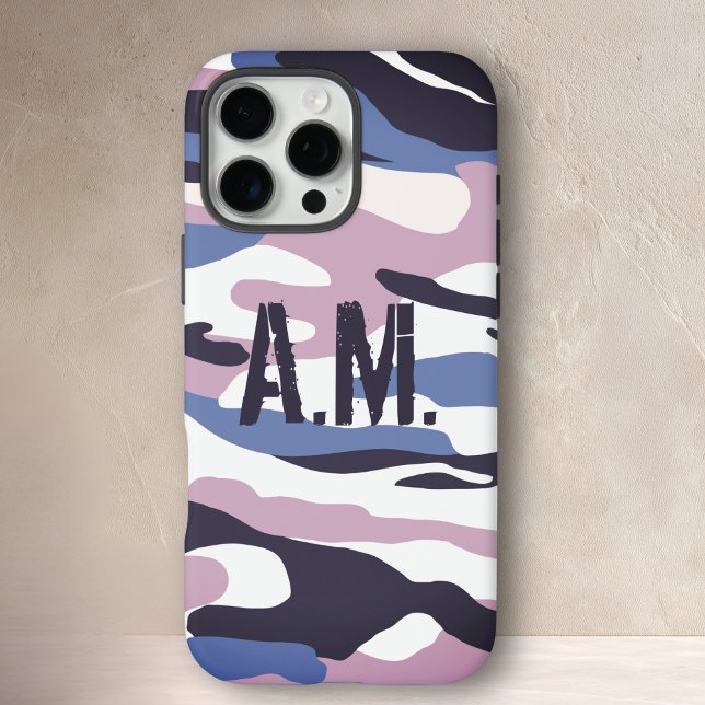 Funda iPhone 16 Pro Max Ejército de camuflaje Monograma rosa azul (Camouflage Army Monogram Blue Pink Case-Mate iPhone Case)