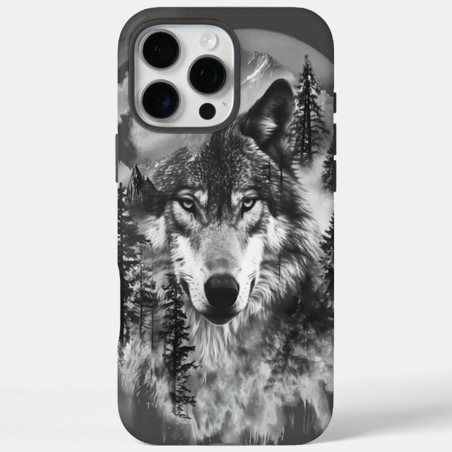 Funda iPhone 16 Pro Max El lobo majestuoso que emerge del bosque nublado a (Reverso)