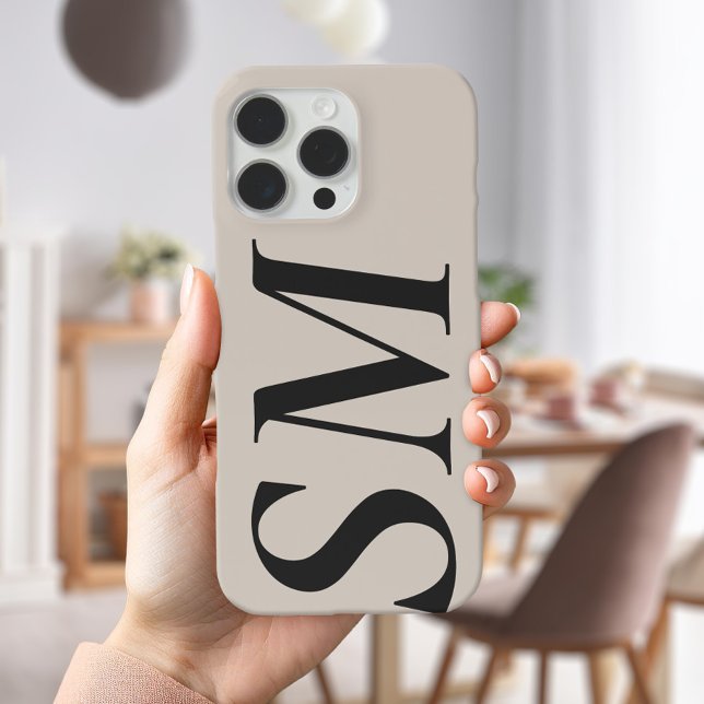Funda iPhone 16 Pro Max Elegante Beige negro negrita Monograma inicial (Subido por el creador)