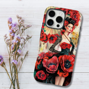 Funda iPhone 16 Pro Max Elegante, moderna mujer y cachorros Vestido floral