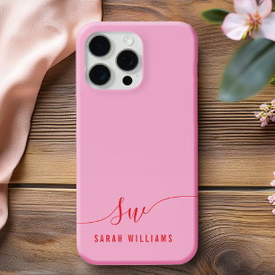 Funda iPhone 16 Pro Max Elegante Monograma Inicial de Guión Rojo Rosado