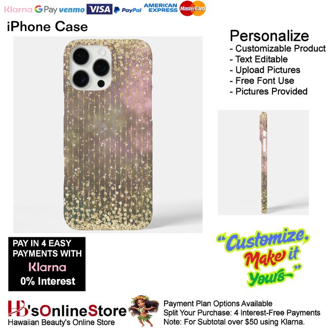 Funda iPhone 16 Pro Max Elegante Purpurina de oruga dorada (Elegant Girly Gold Beaded Glitter Case-Mate iPhone Case.)