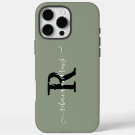 Funda iPhone 16 Pro Max Elegante Sage Green Initals Monograma Script Nombr