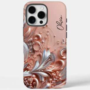 Funda iPhone 16 Pro Max Elegantes flores ornamentales modernas en oro rosa