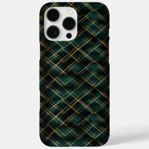 Funda iPhone 16 Pro Max Elegantes Navidades de Oro y Tartán Verde Oscuro