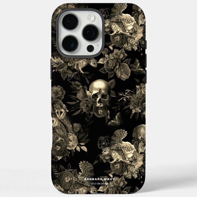 Funda iPhone 16 Pro Max Elegantes Rosas del cráneo Owl Black Faux Gold Got (Reverso)