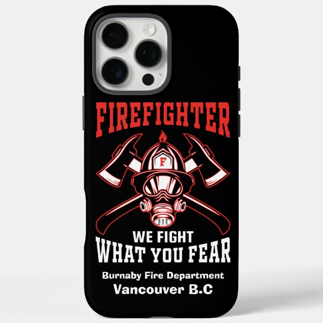 Funda iPhone 16 Pro Max Emblema de bomberos con hachas y casco (Reverso)
