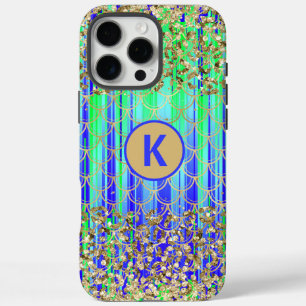 Funda iPhone 16 Pro Max Escamas de Sirena Monograma Verde Azul Dorado Bril