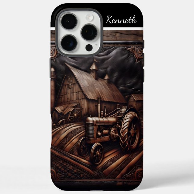 Funda iPhone 16 Pro Max Escenario del tractor esculpido de cuero (Reverso)