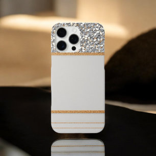 Funda iPhone 16 Pro Max Escudo Purpurina blanco y dorado de lujo