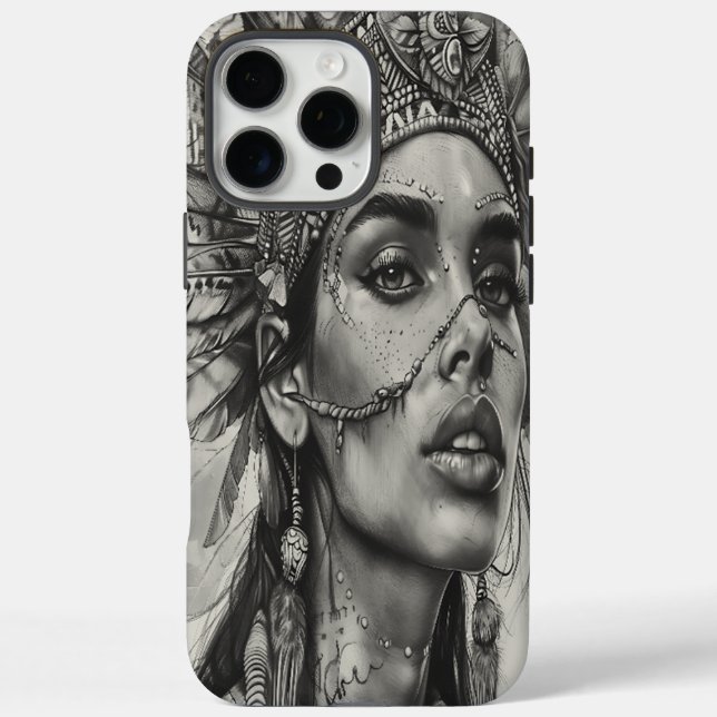 Funda iPhone 16 Pro Max Espíritu guerrero de chica indio con plumas (Reverso)