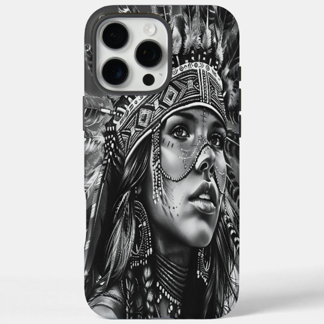 Funda iPhone 16 Pro Max Espíritu guerrero de chica indio con plumas (Reverso)