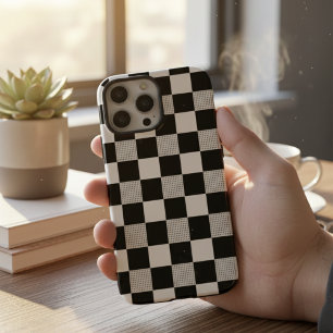 Funda iPhone 16 Pro Max estética de tablero de ajedrez vintage en blanco y