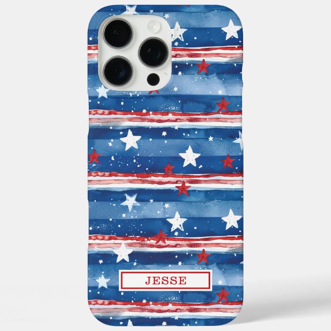 Funda iPhone 16 Pro Max Estrellas y Franjas Patrióticas Monogramadas (Reverso )