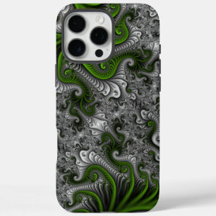 Funda iPhone 16 Pro Max Fantasía Mundo Arte Fractal Verde Y Gris Resumen