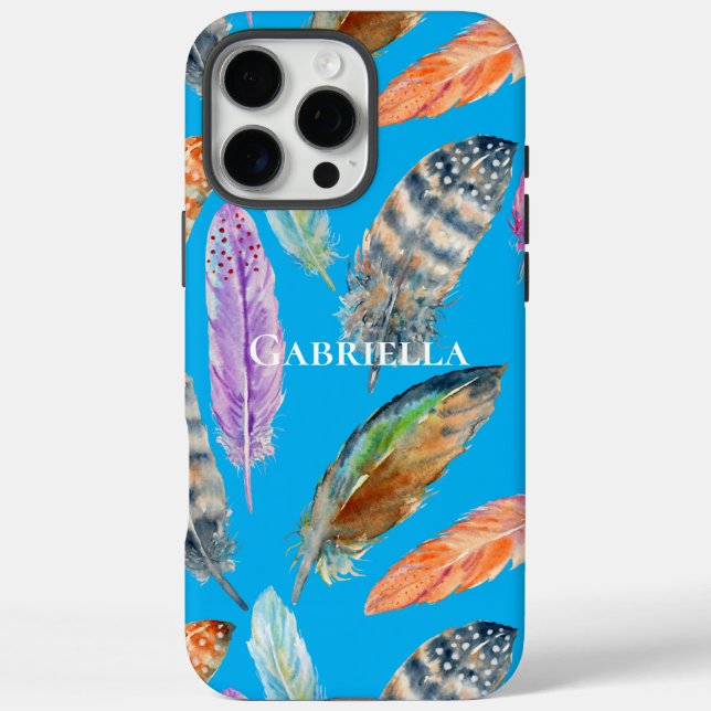Funda iPhone 16 Pro Max Feathers Naranjas Aqua Purple Blue (Reverso)