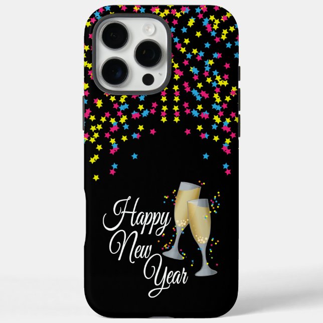 Funda iPhone 16 Pro Max Feliz Año Nuevo Confetti Champagne Glass (Reverso)