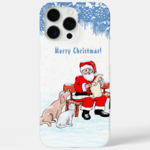 Funda iPhone 16 Pro Max Feliz Navidad - Papá Noel con gato y perro