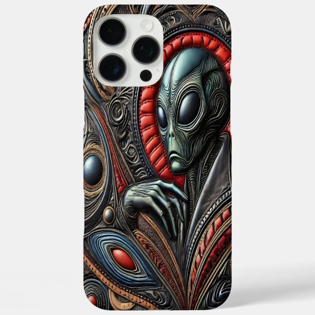 Funda iPhone 16 Pro Max Figura alienígena entre diseños cósmicos (Reverso )
