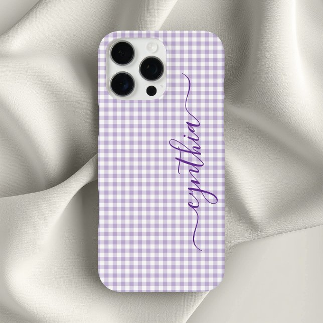 Funda iPhone 16 Pro Max Firma de Gingham Morado Pálido Pequeño (Tiny Pale Purple Gingham Signature Case-Mate iPhone Case)