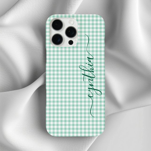 Funda iPhone 16 Pro Max Firma de Gingham Teal Luz Pequeña (Tiny Light Teal Gingham Signature Case-Mate iPhone Case)