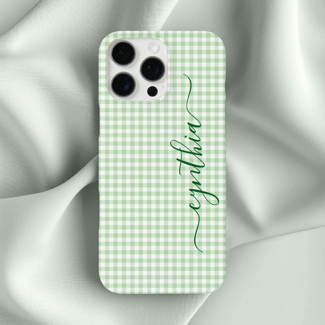 Funda iPhone 16 Pro Max Firma de Gingham Verde Pálido Pequeño (Tiny Pale Green Gingham Signature Case-Mate iPhone Case)