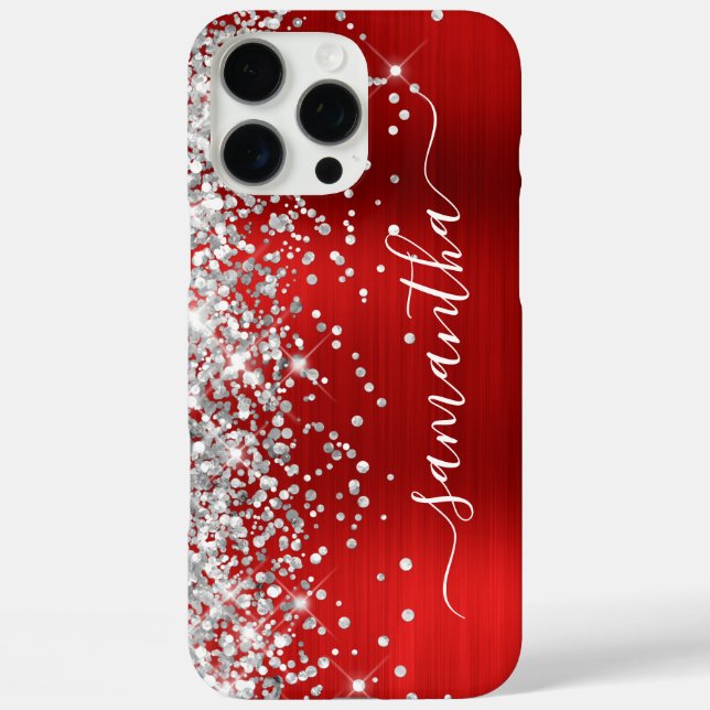 Funda iPhone 16 Pro Max Firma Glamurosa Plateada Brillante Roja (Reverso )
