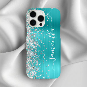 Funda iPhone 16 Pro Max Firme Glitter Plata Azul Acuático Metálico Femenin
