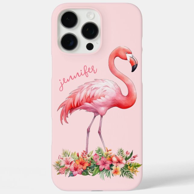 Funda iPhone 16 Pro Max Flamenco Rosa con Flores Tropicales (Reverso )