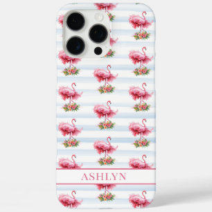 Funda iPhone 16 Pro Max Flamencos con Flores en Rayas de Acuarela