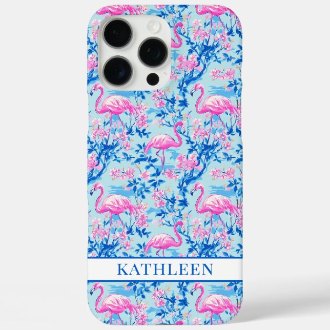 Funda iPhone 16 Pro Max Flamencos con Flores Rosas Monogramadas (Reverso )