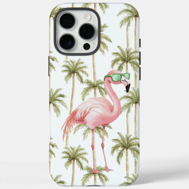 Funda iPhone 16 Pro Max Flamingo rosa con palmeras de gafas de sol (Reverso)