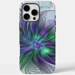 Funda iPhone 16 Pro Max Flor Abstracta Moderna Fractal Verde Púrpura