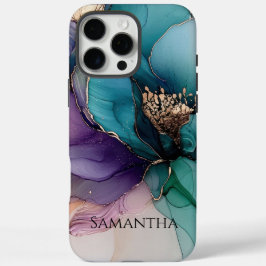 Funda iPhone 16 Pro Max Flor morada turquesa dorada