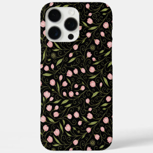 Funda iPhone 16 Pro Max Flor rosa y cúrcuta sobre negro con patrón de repe