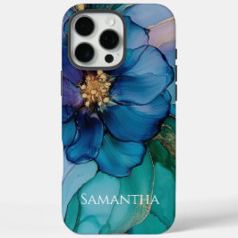 Funda iPhone 16 Pro Max Flor Verde azulada Aqua azul dorada
